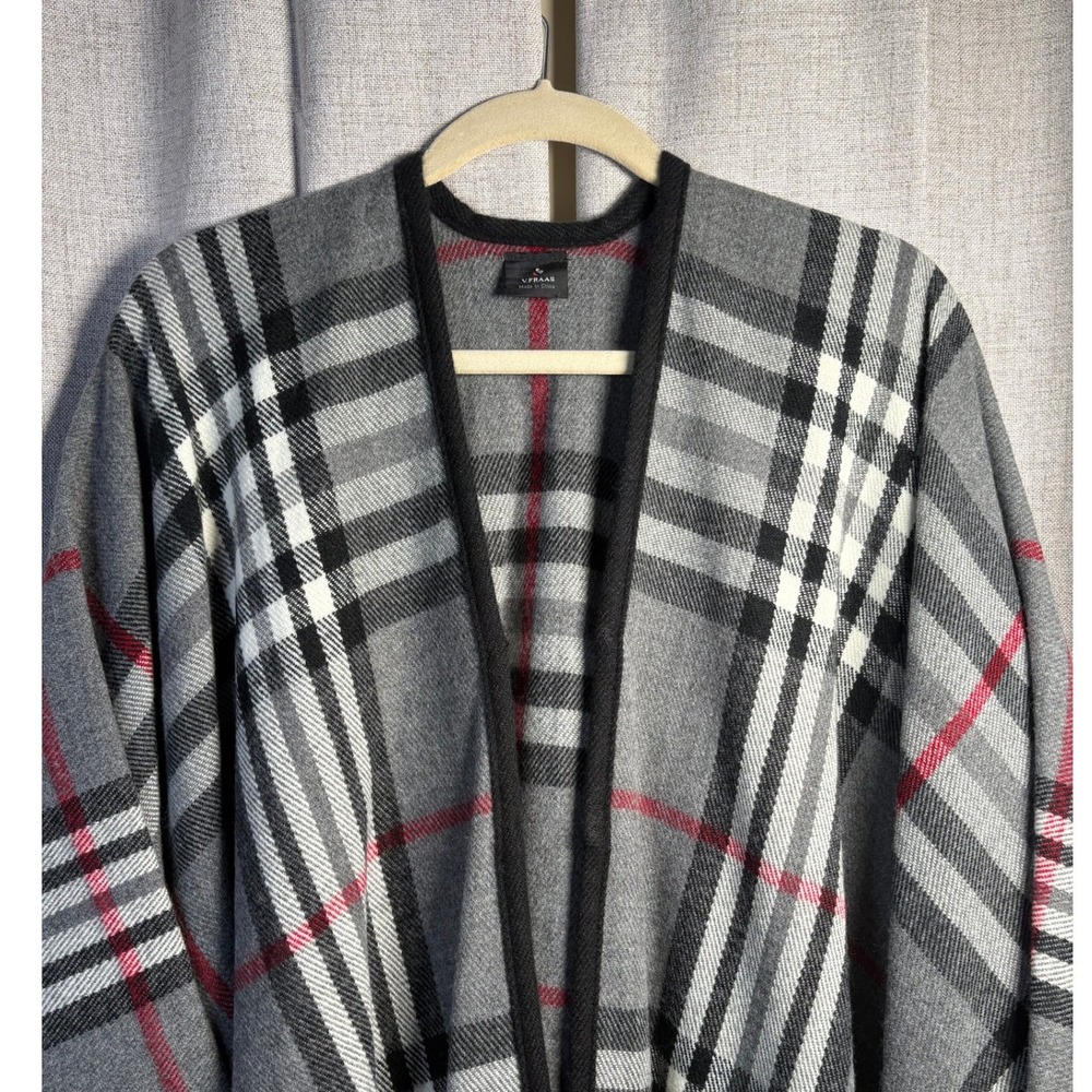 V. Fraas Grey Plaid Open Front Poncho Wrap Cape with Red Accents One Size